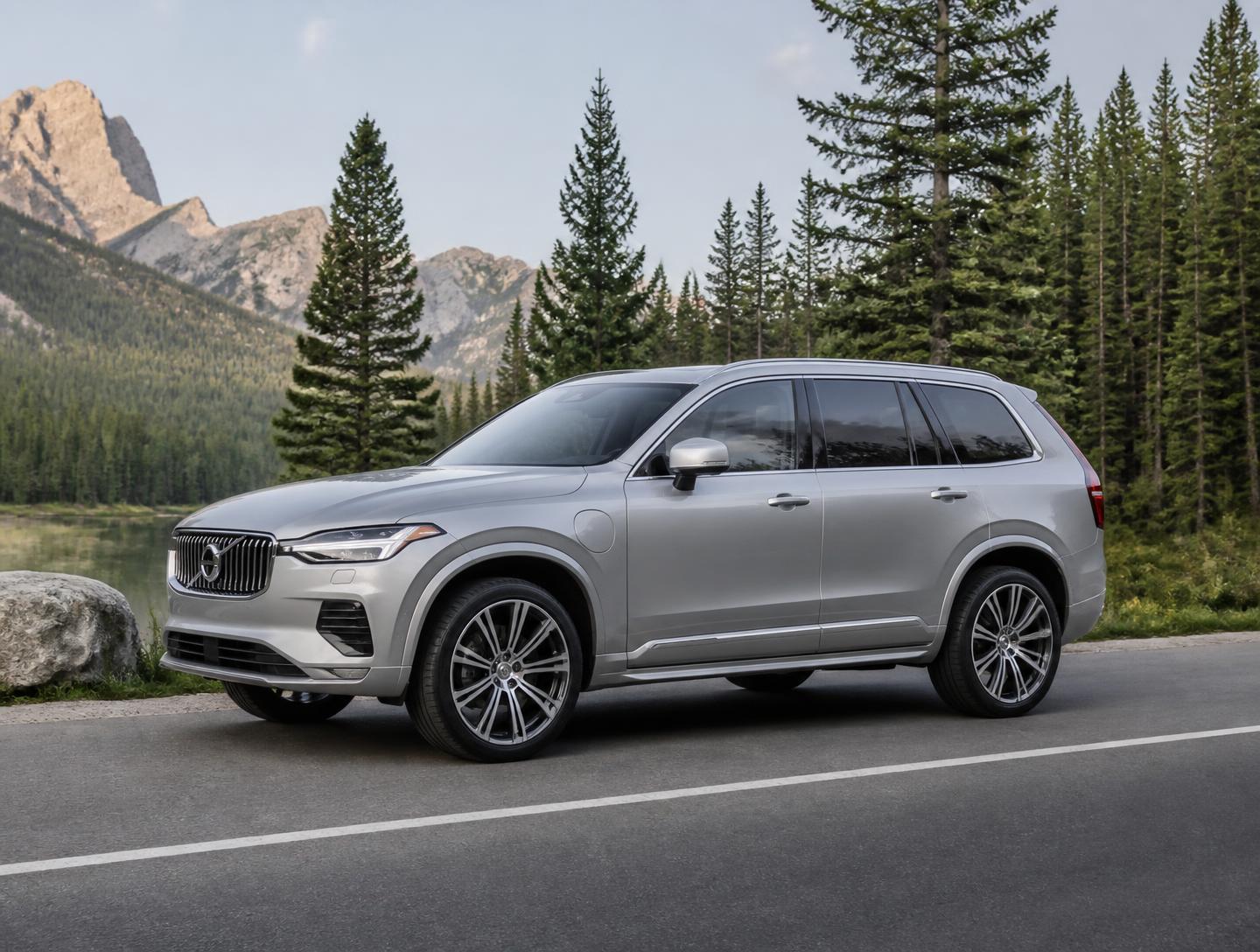 Silver SUV parked on a clean Canadian road surrounded by pine trees