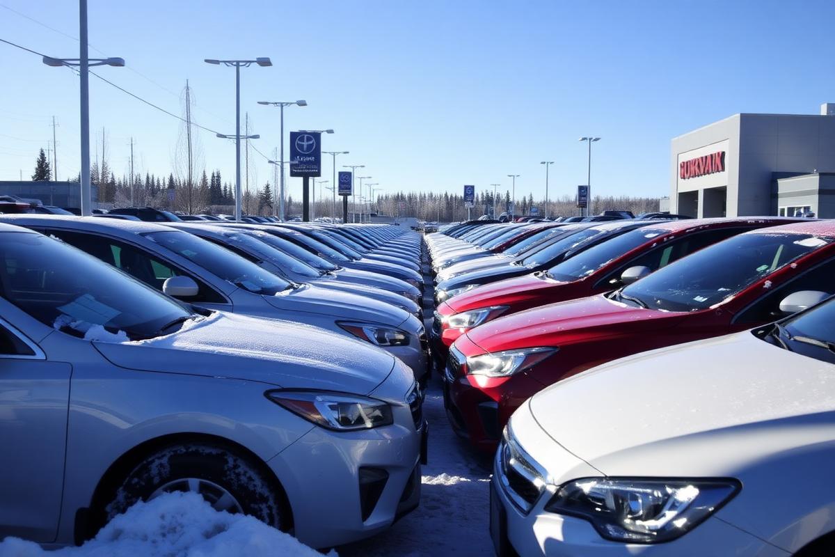 Rows of clean used cars in a Canadian dealership lot on a bright winter day
