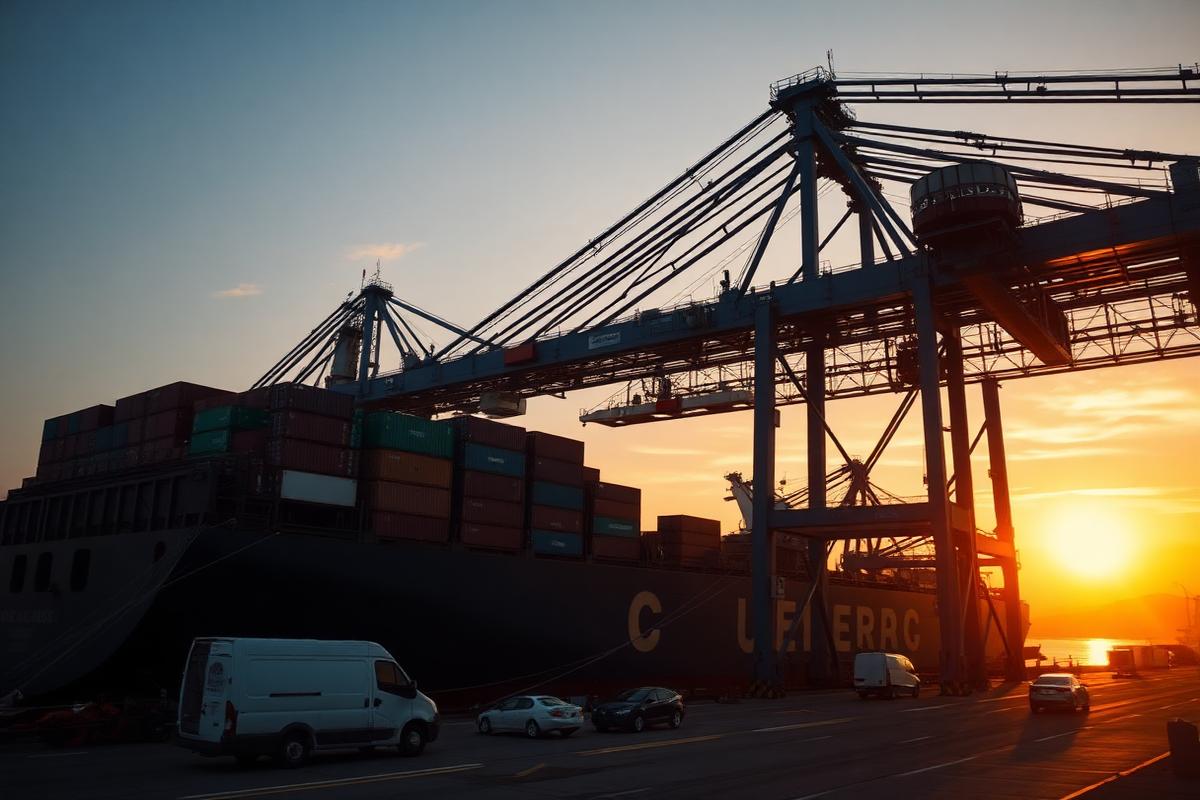 Container ship and vehicles at a port terminal at sunset